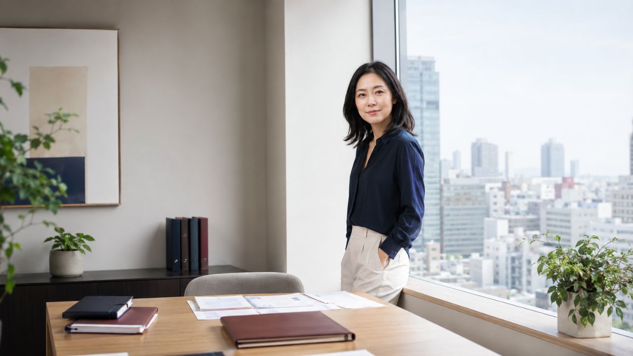 不動産売却の比較メディア「桐谷美咲の不動産売却ナビ」の運営者情報。編集長 桐谷美咲が明るい執務空間で運営方針に向き合う様子