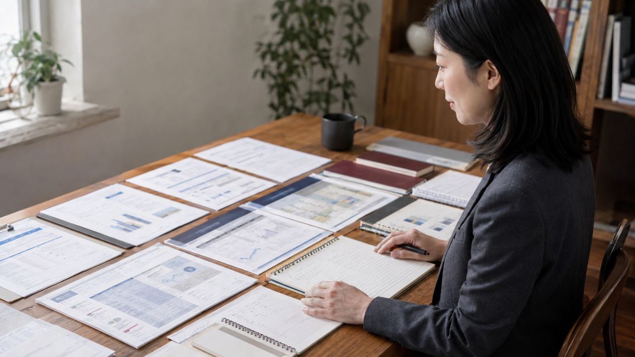 不動産売却の業者を8つの軸で評価する編集方針ページのイメージ。編集長 桐谷美咲が複数の資料を見比べ、中立的な判断基準を検討する様子
