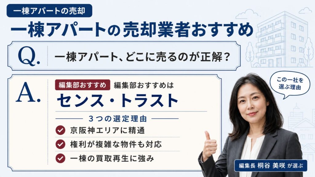 一棟アパートの売却業者の選び方｜編集部おすすめセンス・トラストと3つの選定理由を解説するインフォグラフィック