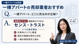 一棟アパートの売却業者の選び方｜編集部おすすめセンス・トラストと3つの選定理由を解説するインフォグラフィック