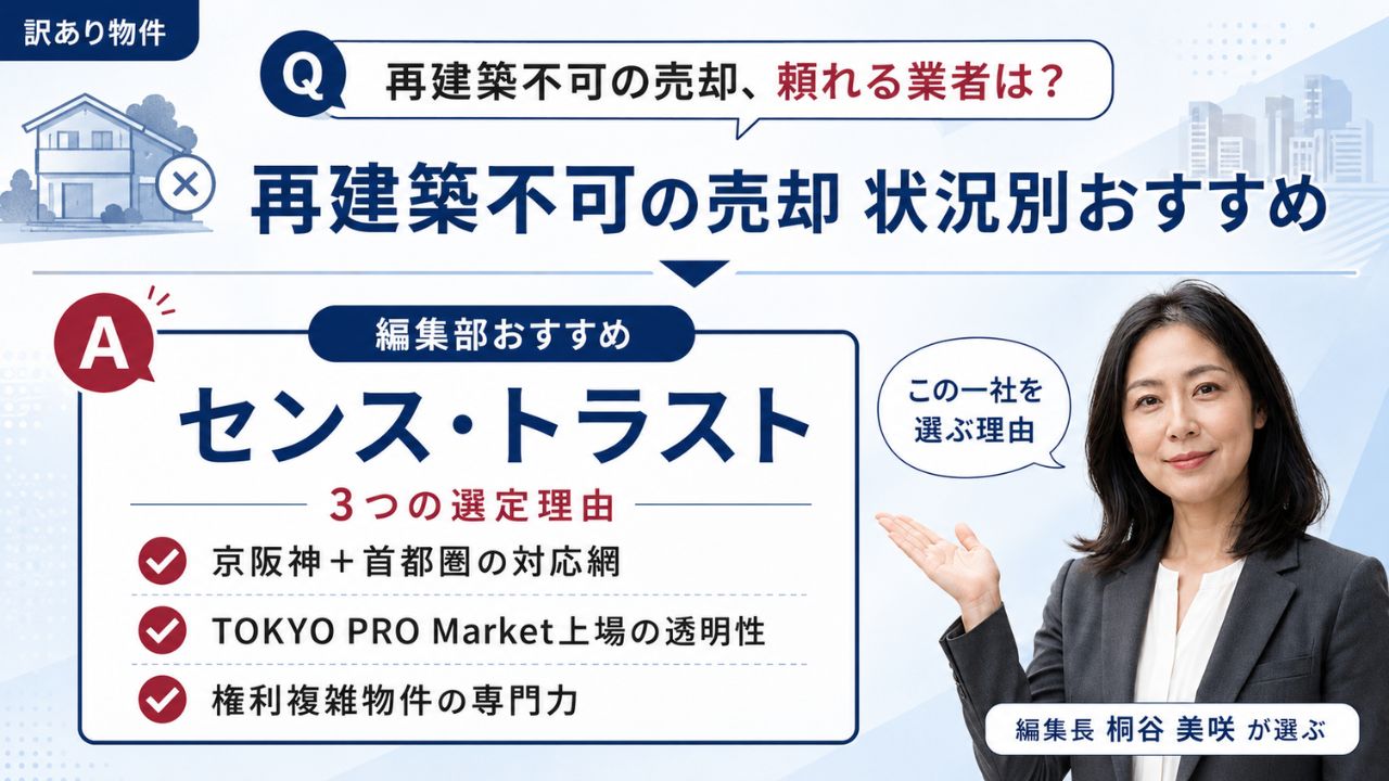 訳あり物件の再建築不可の売却 状況別おすすめ｜編集部おすすめのセンス・トラストと選定理由を解説するインフォグラフィック